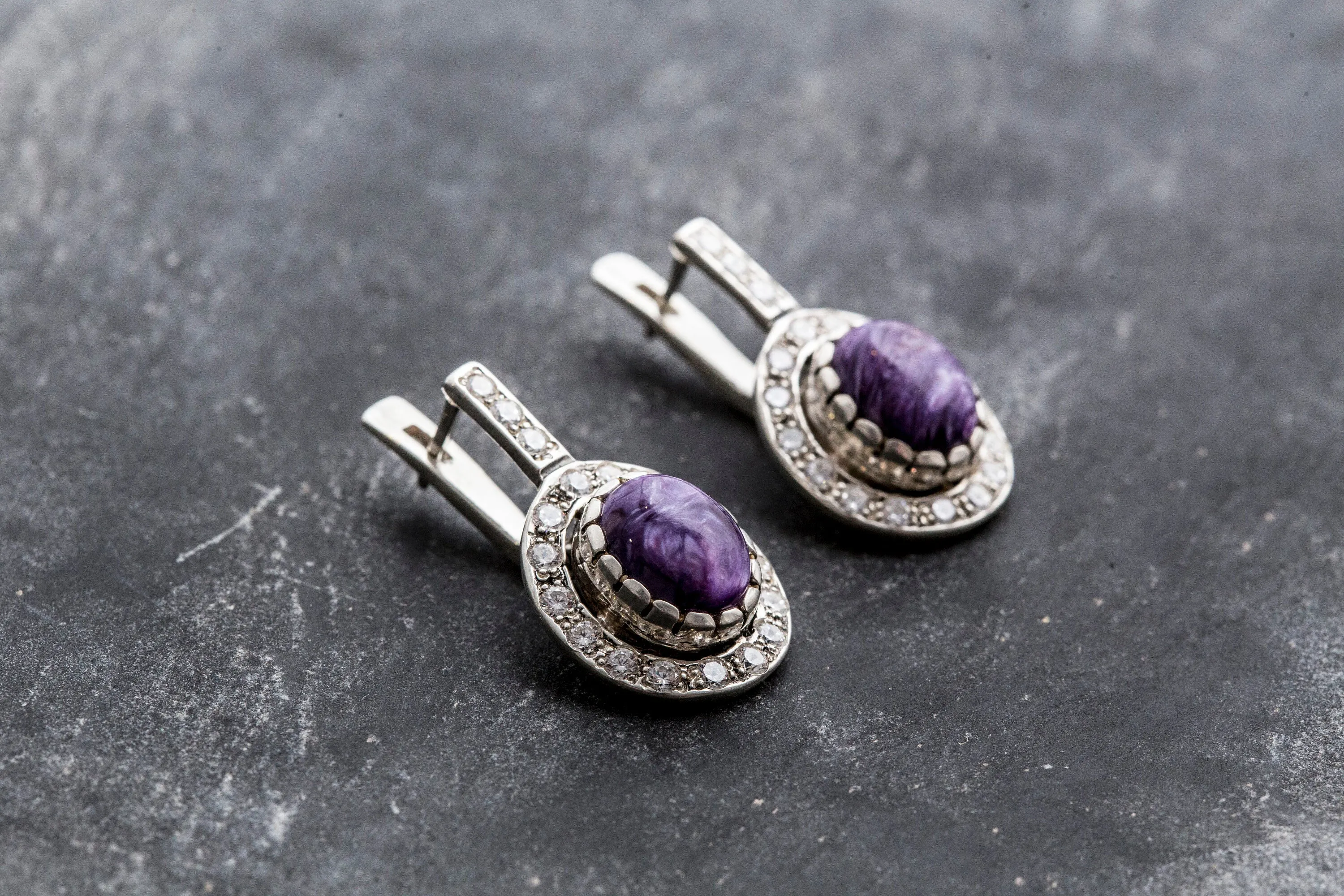 Charoite Long Earrings - Victorian Purple Earrings - Purple Antique Earrings