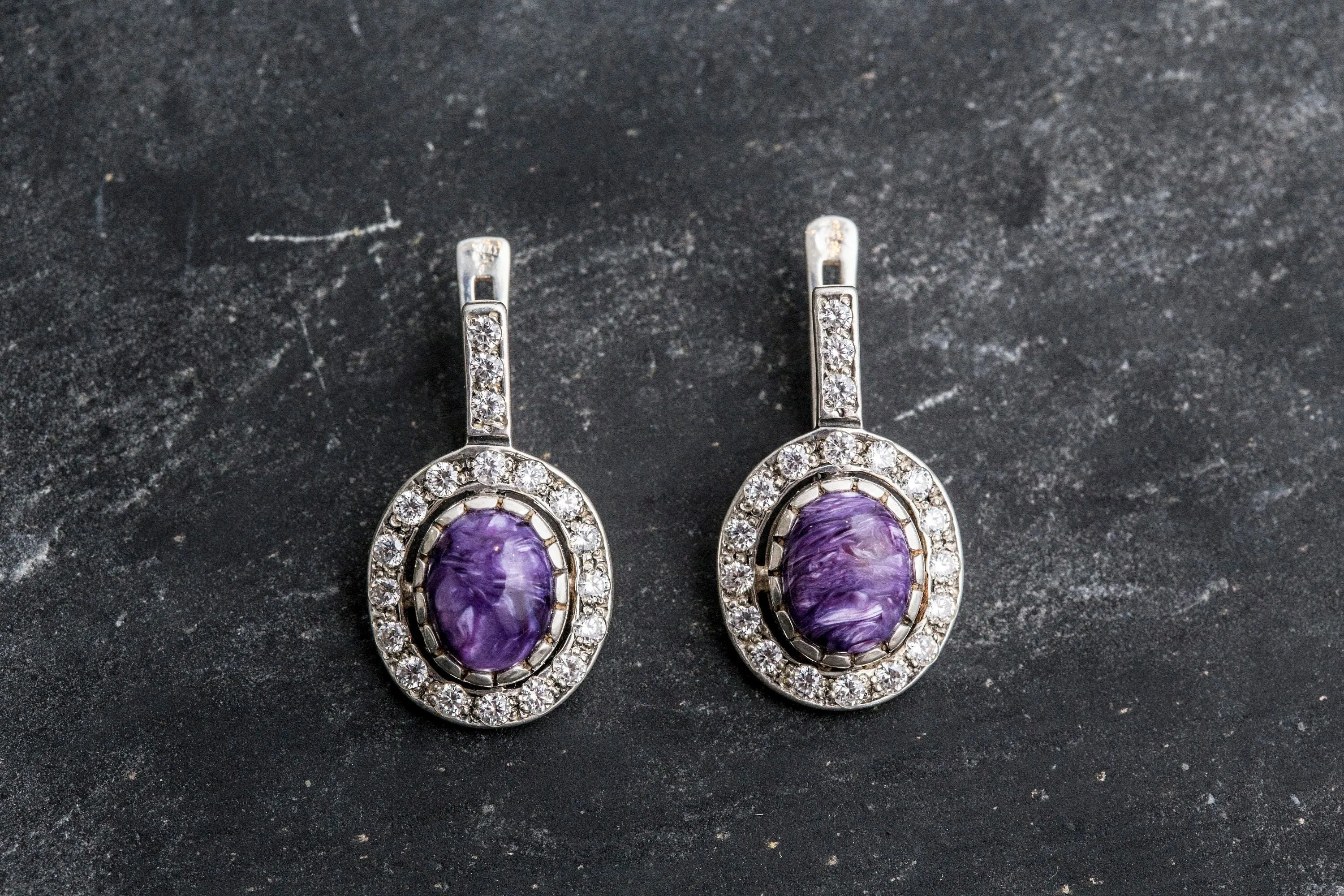 Charoite Long Earrings - Victorian Purple Earrings - Purple Antique Earrings