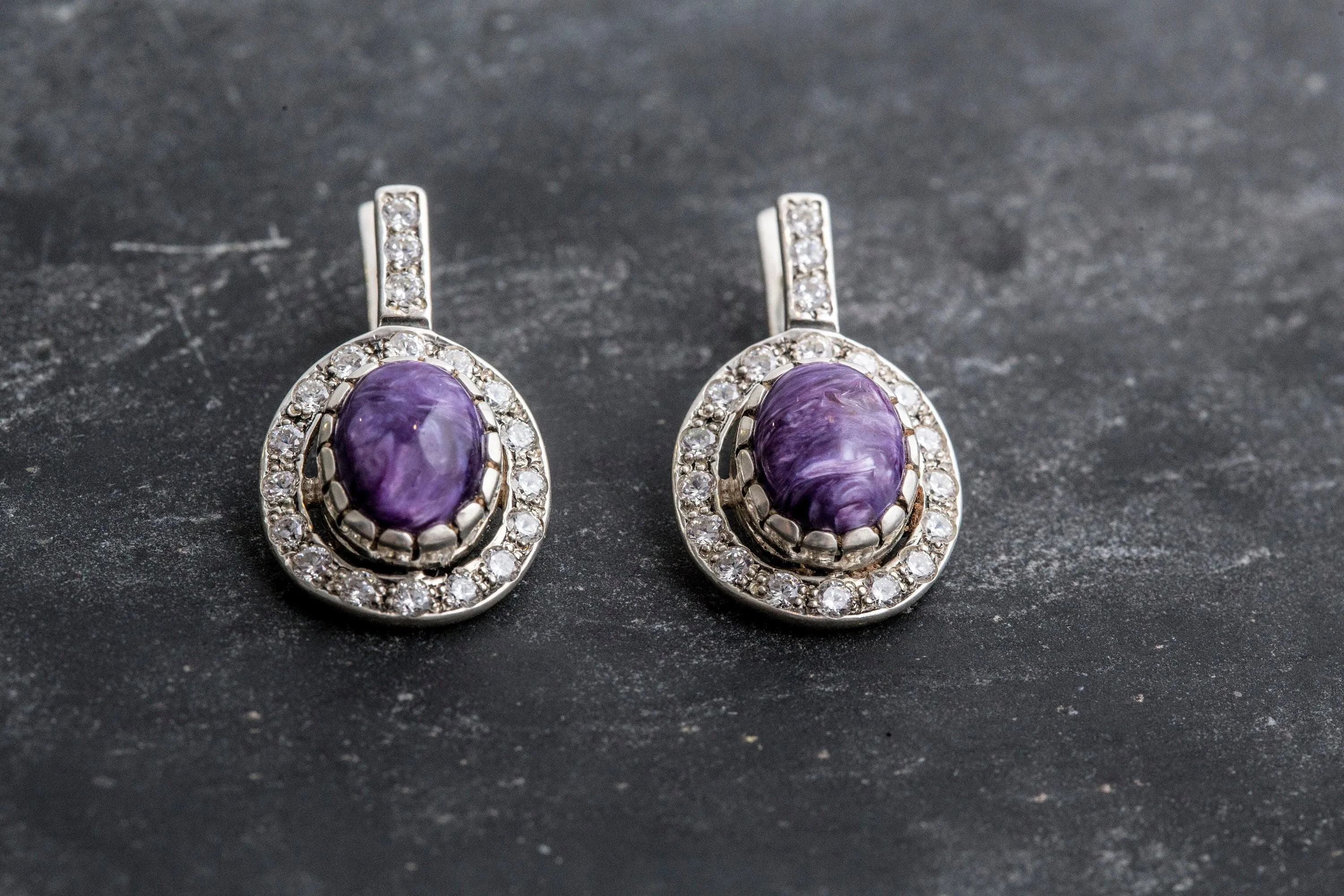 Charoite Long Earrings - Victorian Purple Earrings - Purple Antique Earrings