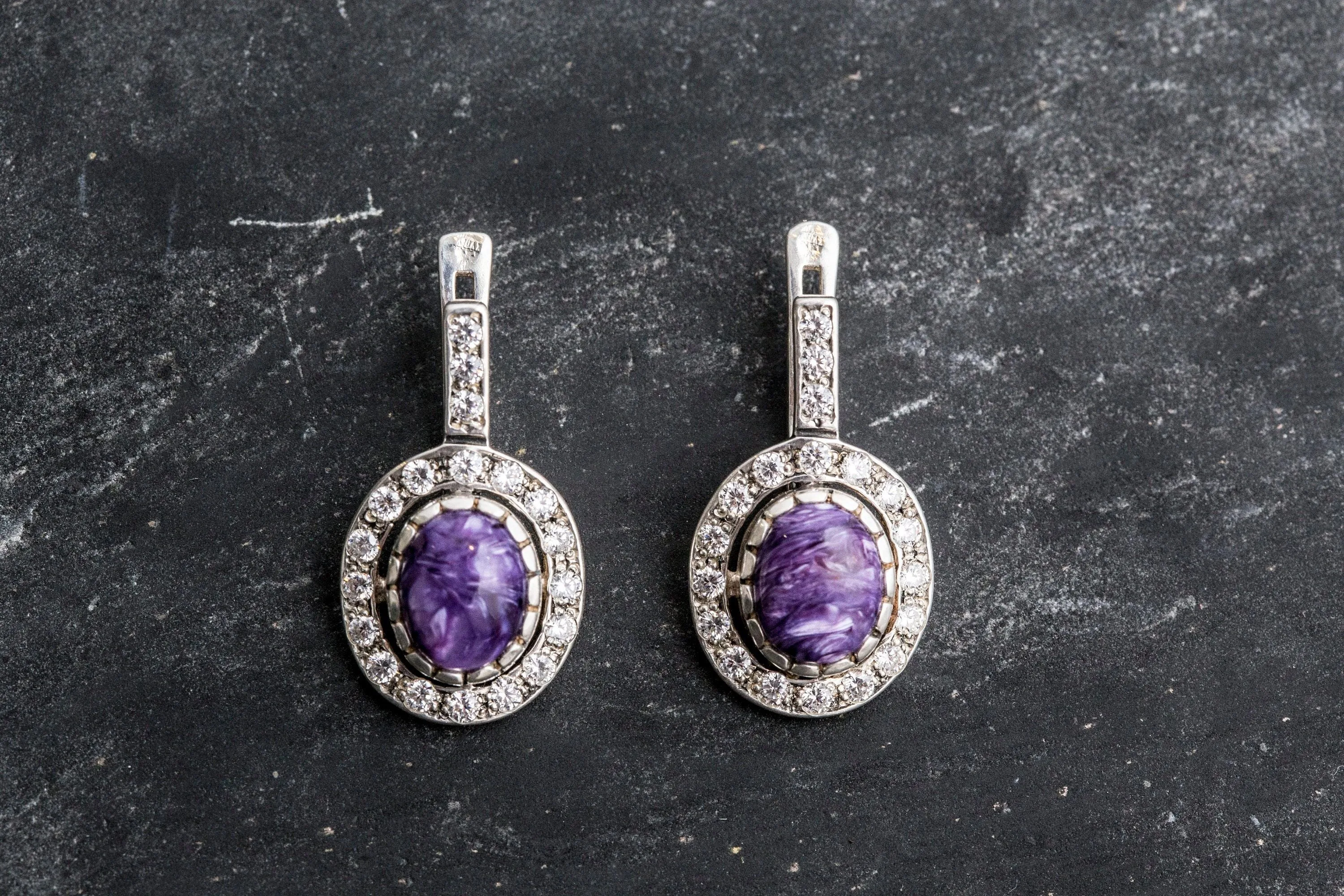 Charoite Long Earrings - Victorian Purple Earrings - Purple Antique Earrings