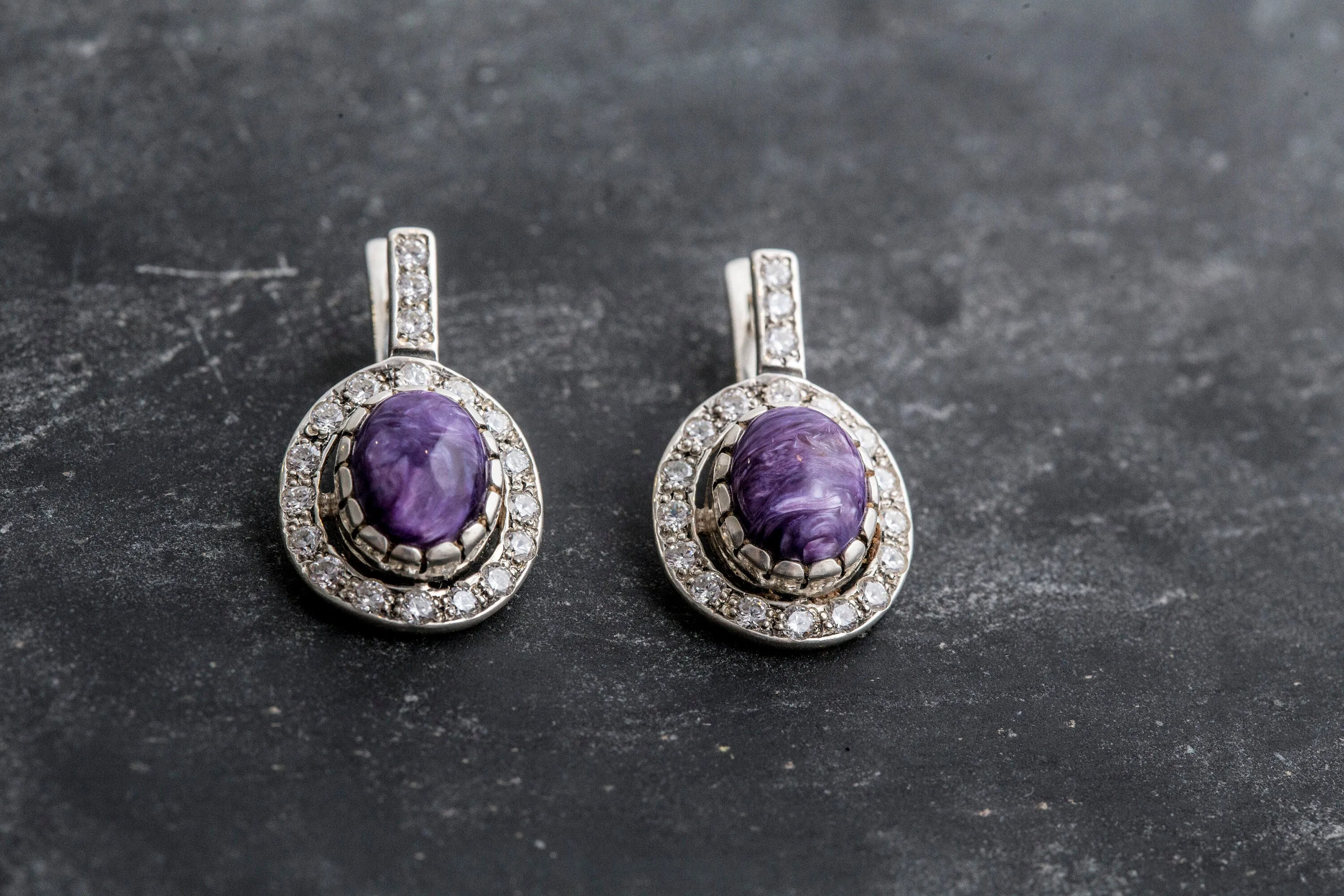 Charoite Long Earrings - Victorian Purple Earrings - Purple Antique Earrings