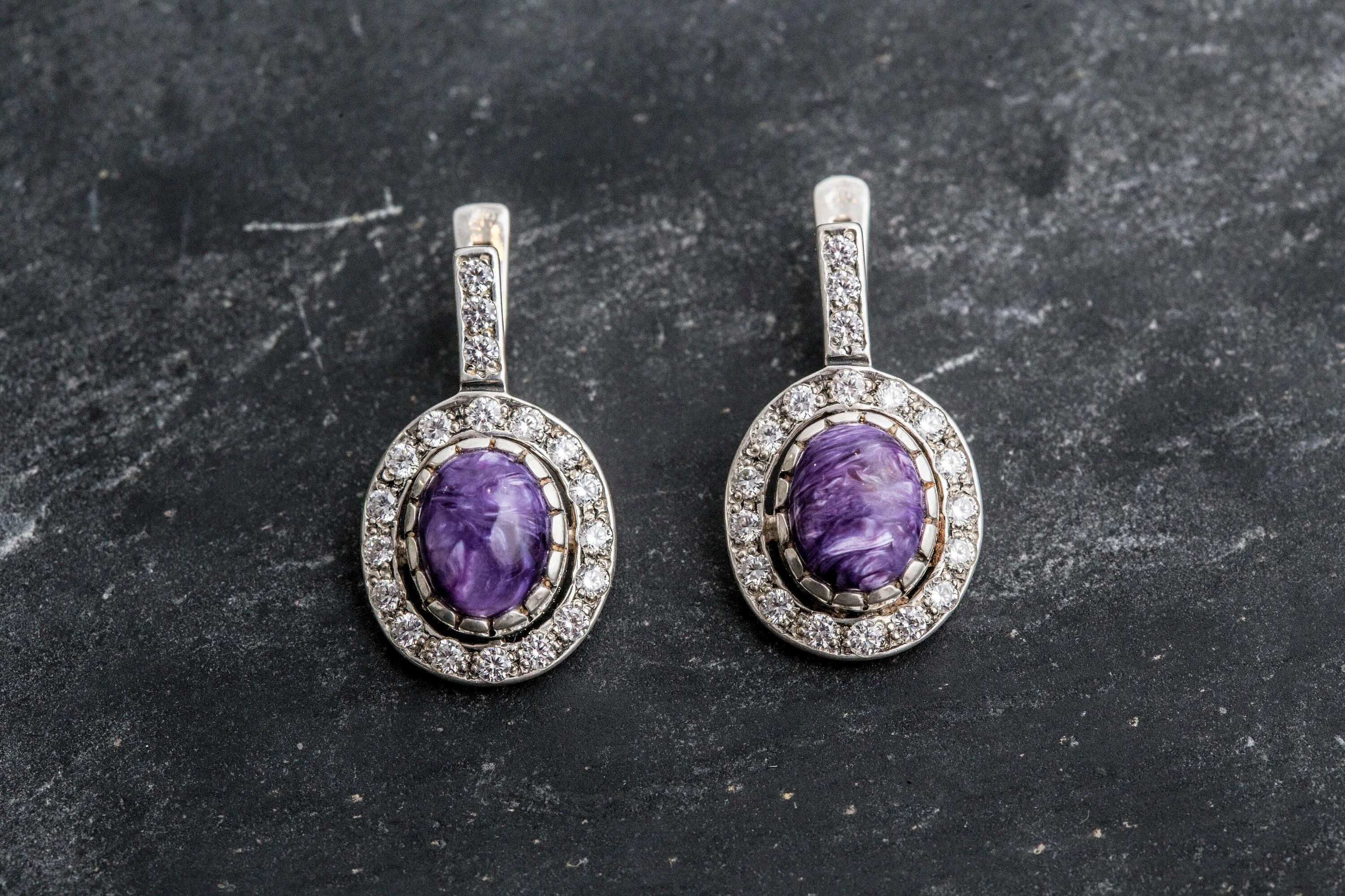 Charoite Long Earrings - Victorian Purple Earrings - Purple Antique Earrings