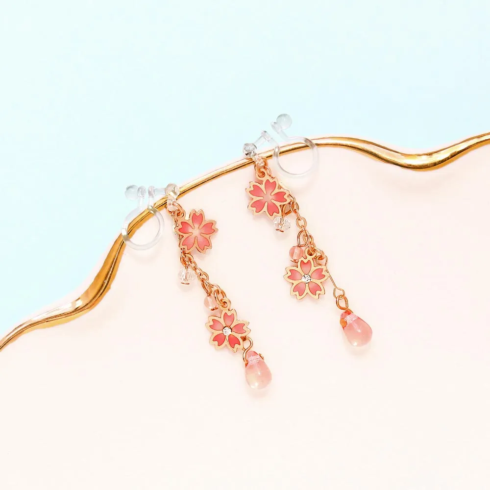 Cherry Blossom Sakura Linear Invisible Clip On Earrings