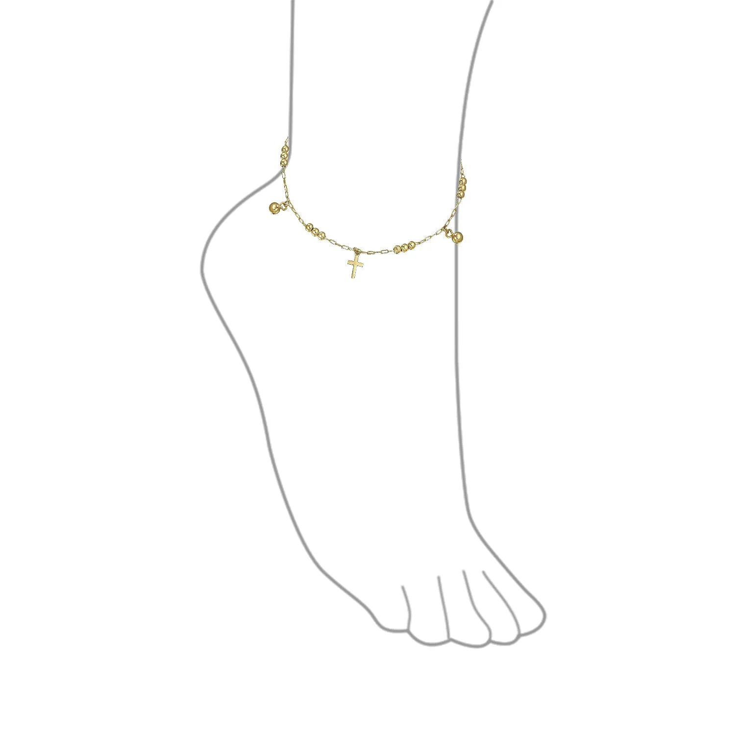 Christian Beads Bells Charm Cross Anklet Ankle Bracelet 18K Gold Plated 10 Inch