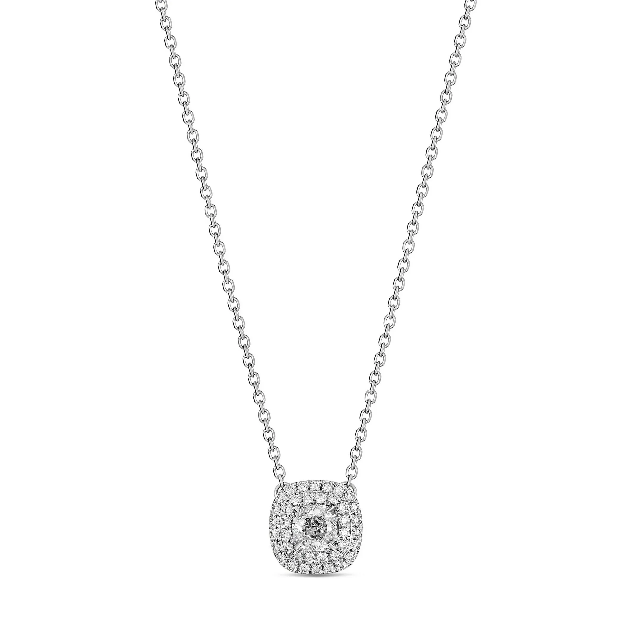 Classic Cushion Cut Diamond Pendant Necklace with Diamond Halo | White Gold