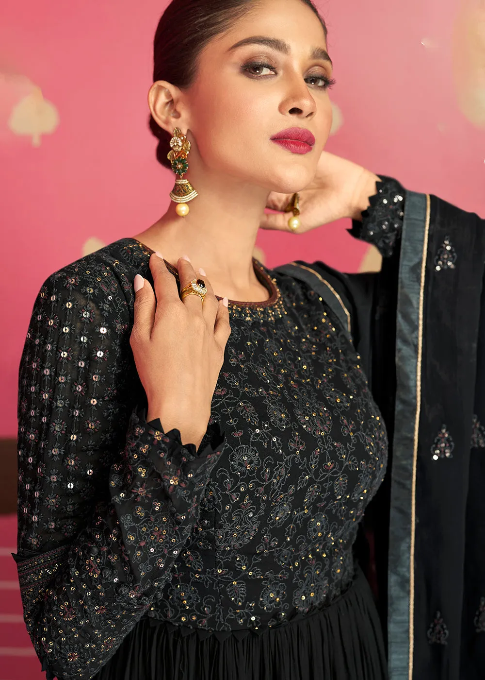 Classy Midnight Black Embroidered Long Palazzo Suit