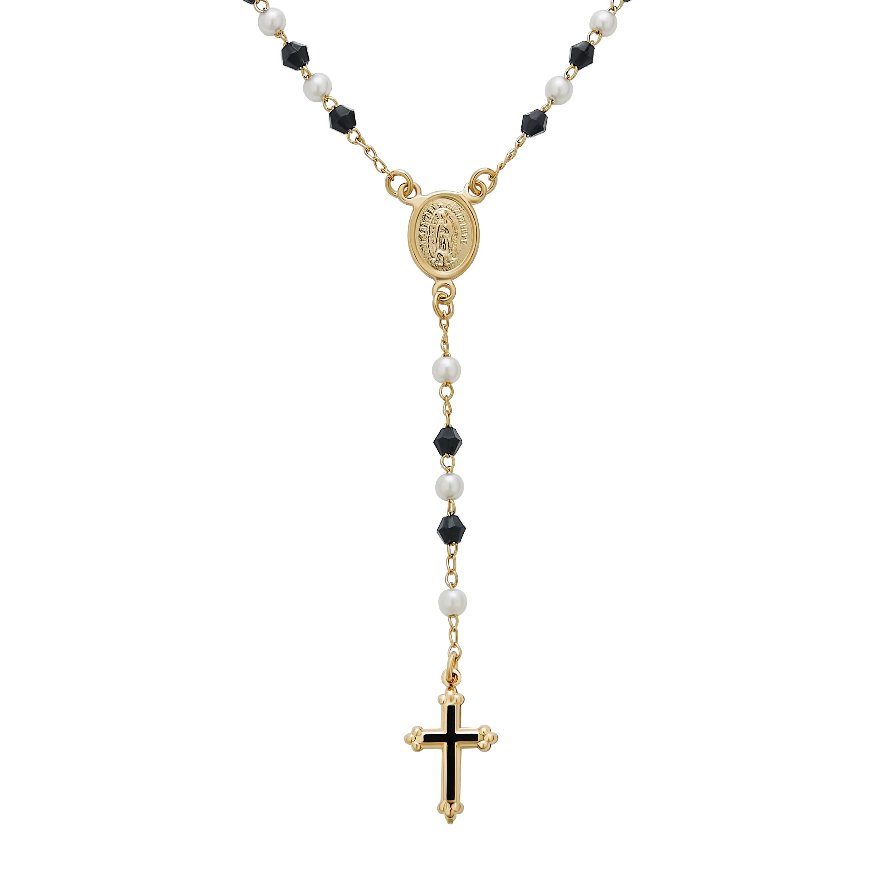 Dainty Black & White Pearl Virgin Mary Rosary Necklace with Cross 18K Gold Plated