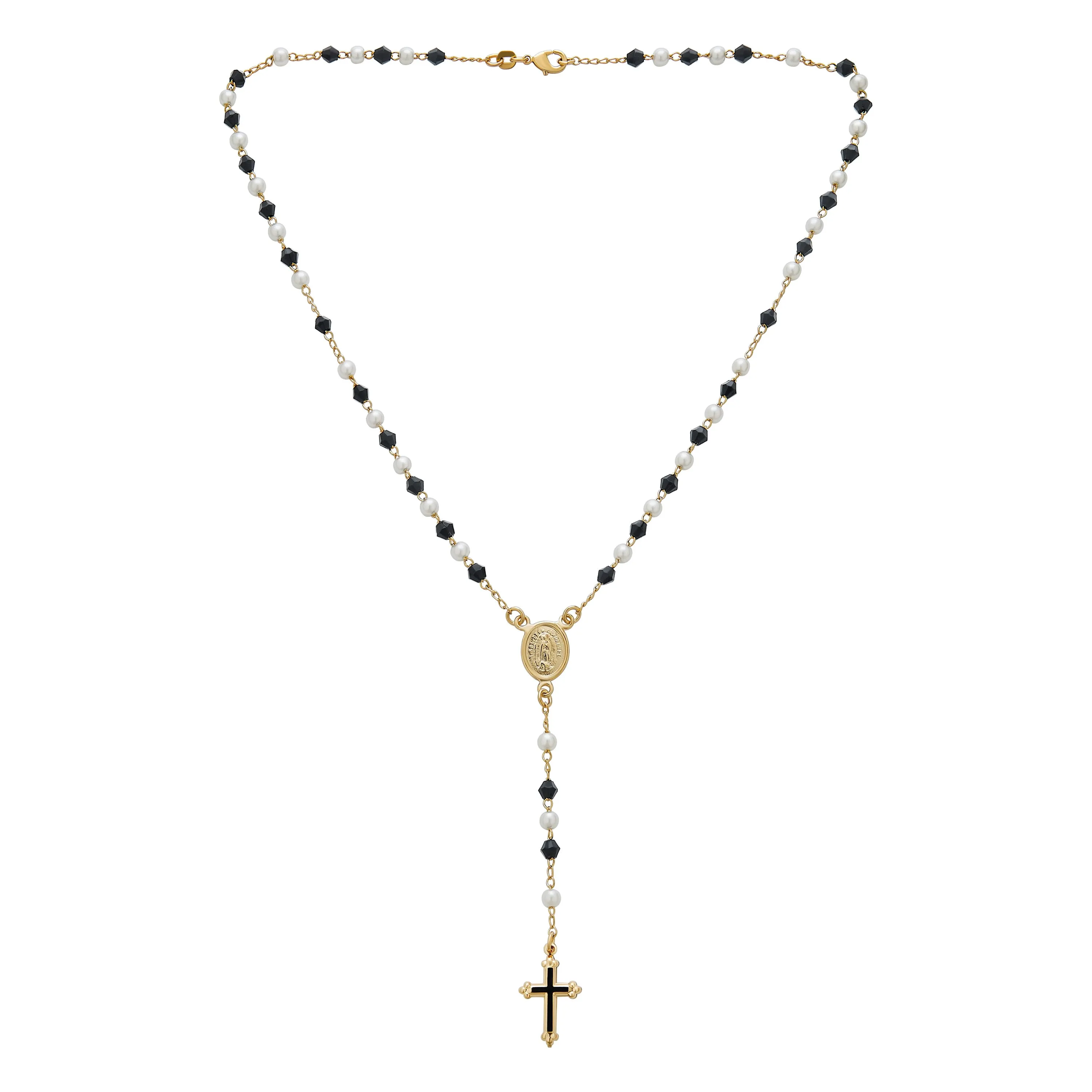 Dainty Black & White Pearl Virgin Mary Rosary Necklace with Cross 18K Gold Plated