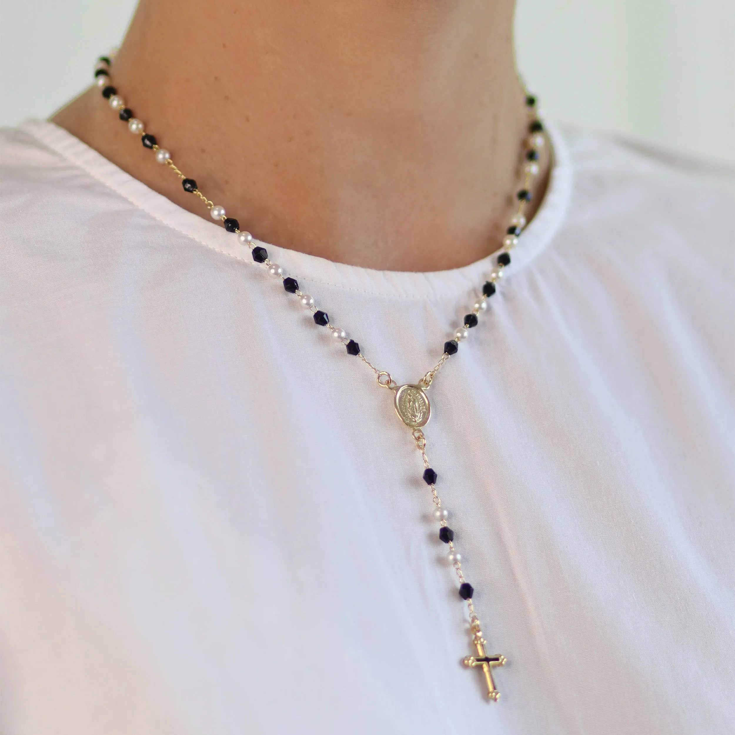 Dainty Black & White Pearl Virgin Mary Rosary Necklace with Cross 18K Gold Plated