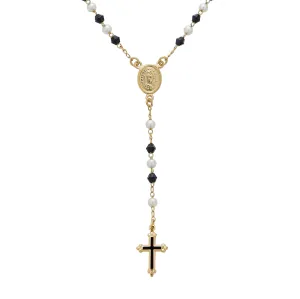 Dainty Black & White Pearl Virgin Mary Rosary Necklace with Cross 18K Gold Plated