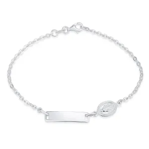 Dainty Virgin Mary Thin Religious Identification ID Bracelet Curb Cuban Chain Link Silver Sterling 7 Inch