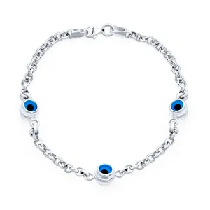 Delicate Turkish Evil Eye Chain Link Bracelet Sterling Silver 7.5 Inch