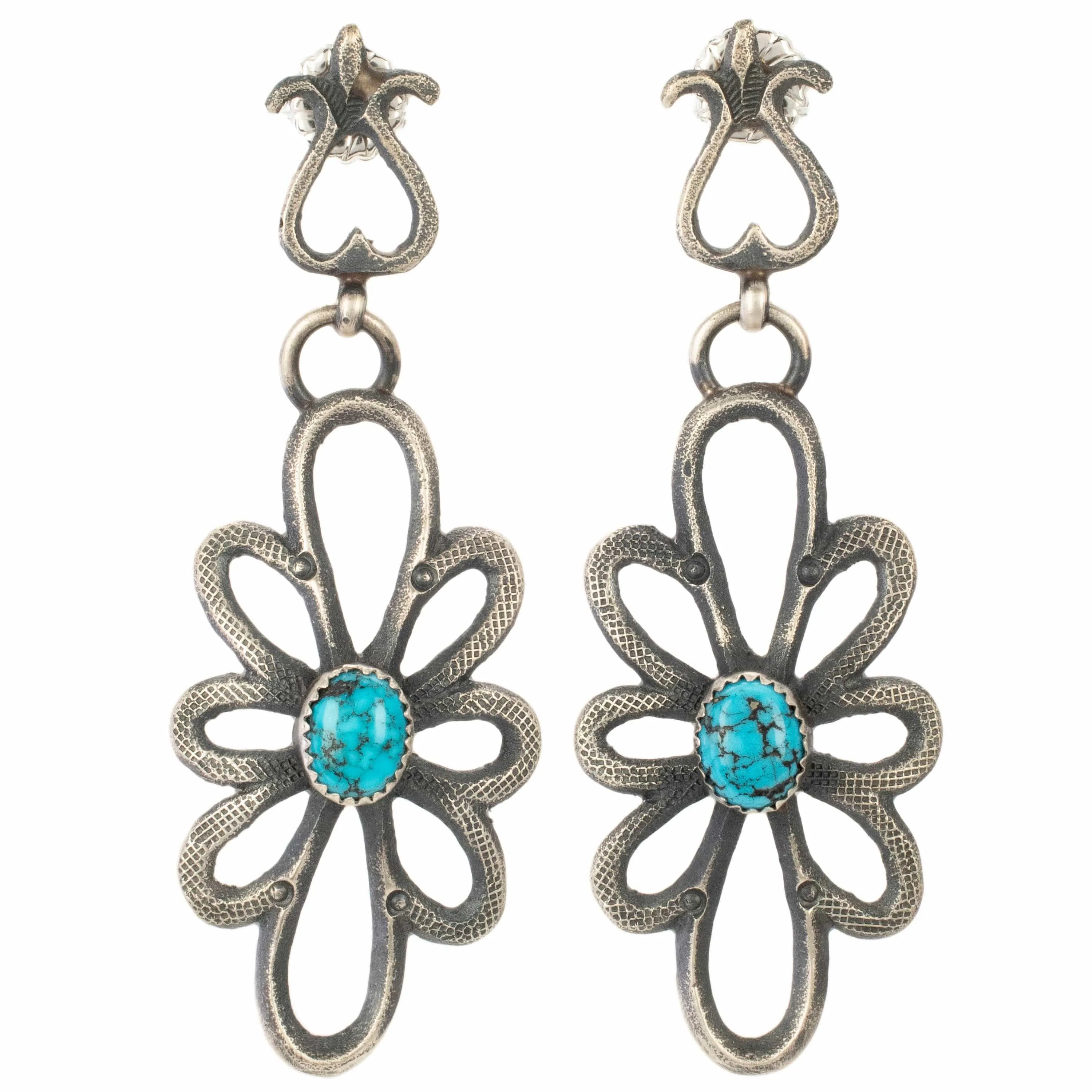 Eva Billah Navajo Prince Turquoise USA Native American Made 925 Sterling Silver Dangly Flower Earrings with Stud Backing