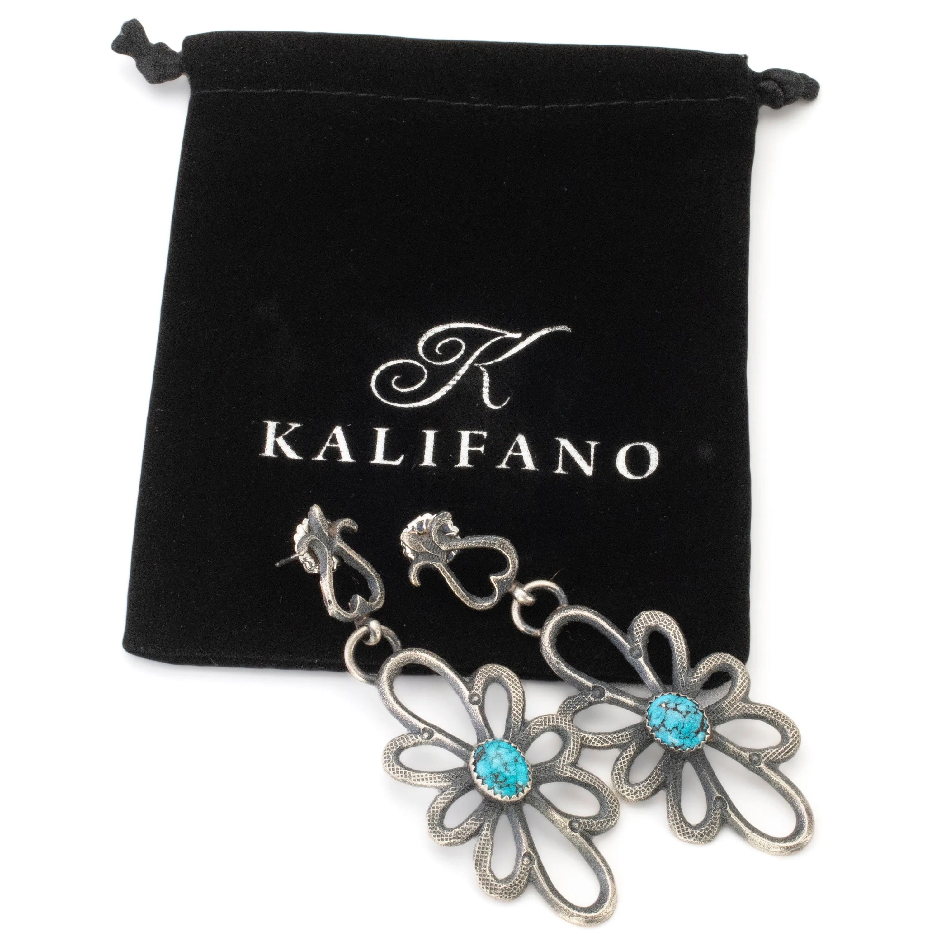 Eva Billah Navajo Prince Turquoise USA Native American Made 925 Sterling Silver Dangly Flower Earrings with Stud Backing