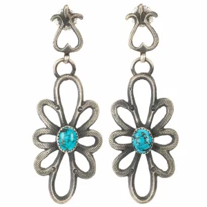 Eva Billah Navajo Prince Turquoise USA Native American Made 925 Sterling Silver Dangly Flower Earrings with Stud Backing