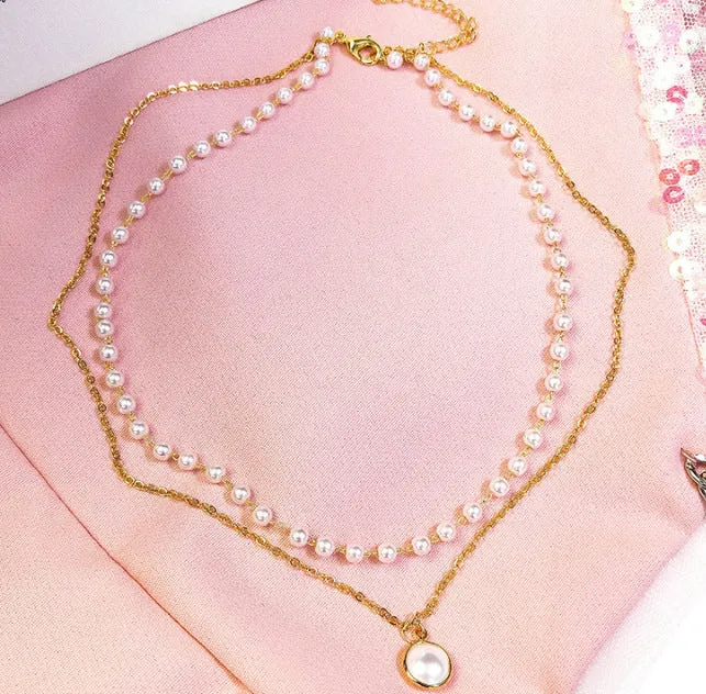 Fashion Simple Chain Beaded Multilayer Necklace Pearl Pendant Necklace Summer Beauty Jewelry