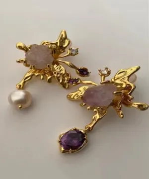 Fine Gold Copper Overgild Zircon Pearl Crystal Asymmetrical Butterfly Drop Earrings QU030