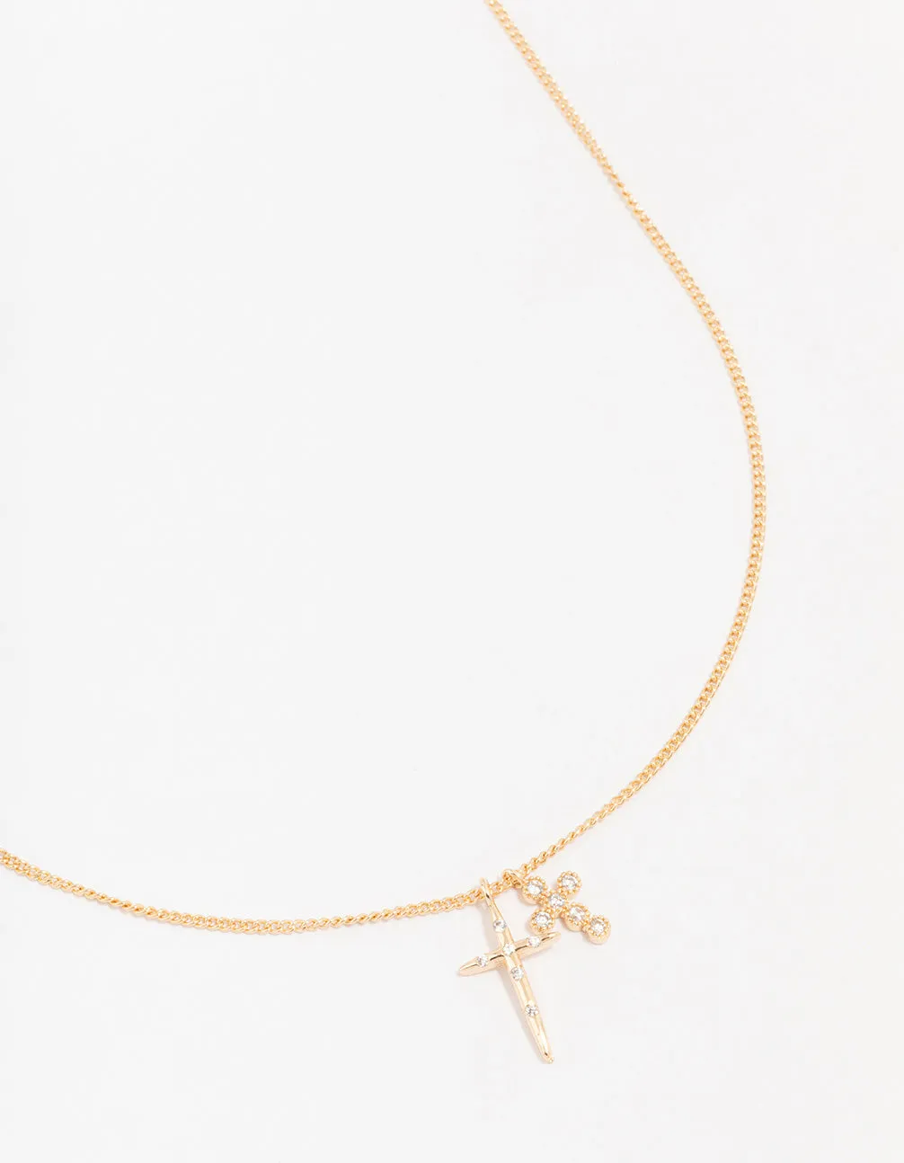 Gold Cubic Zirconia Double Cross Pendant Necklace