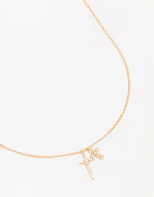 Gold Cubic Zirconia Double Cross Pendant Necklace