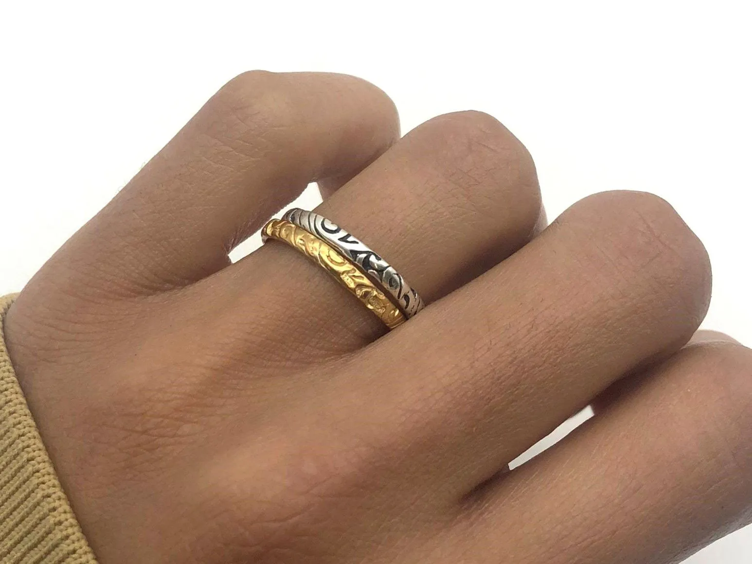 Gold Tribal Band - Ancient Gold Ring - Engraved Boho Ring