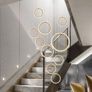 Golden LED Suspension Pendant Light - Sleek Metallic Halo Design for Stairways