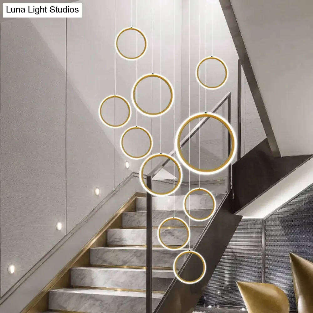 Golden LED Suspension Pendant Light - Sleek Metallic Halo Design for Stairways