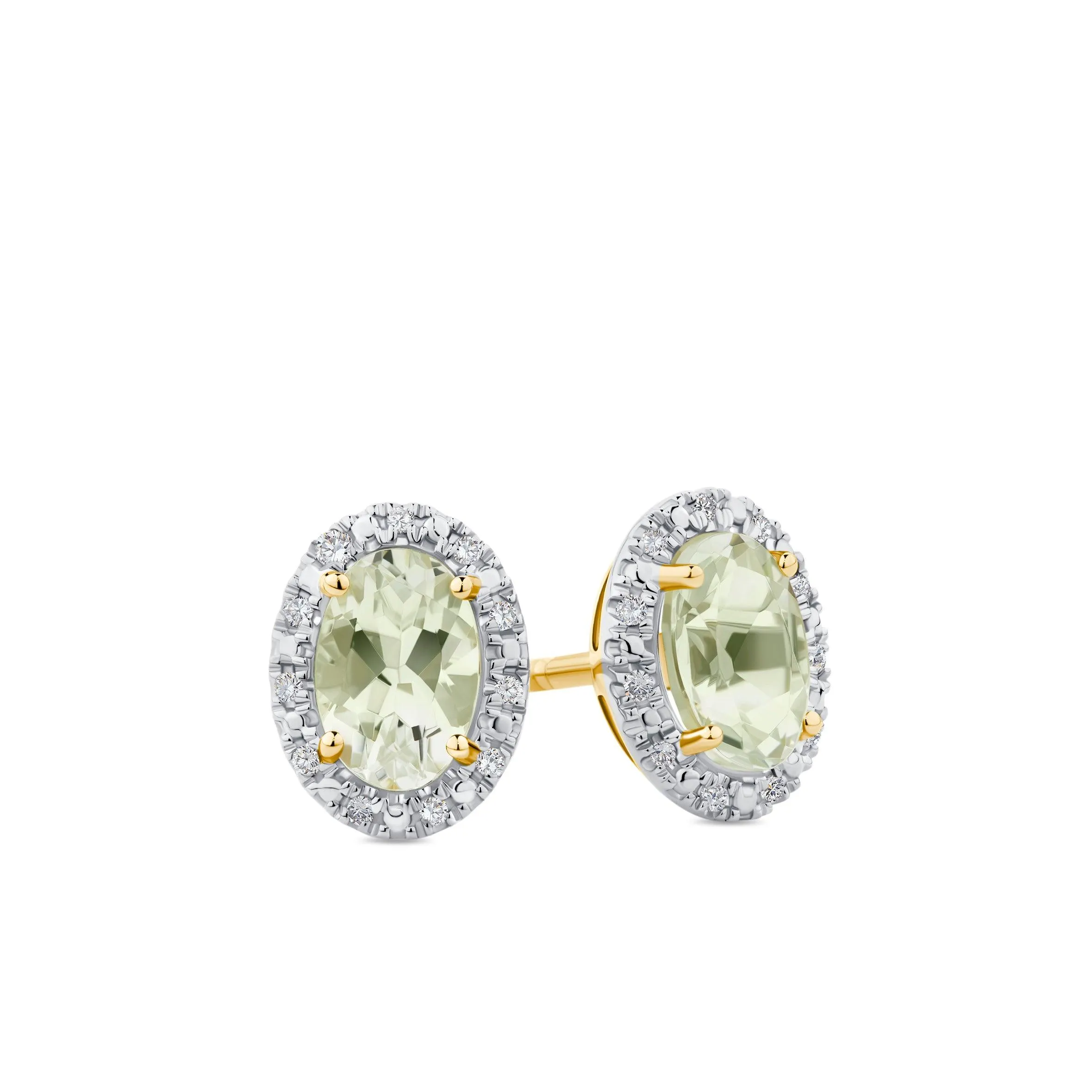 Green Amethyst & Diamond Halo Earrings in 9ct Yellow Gold