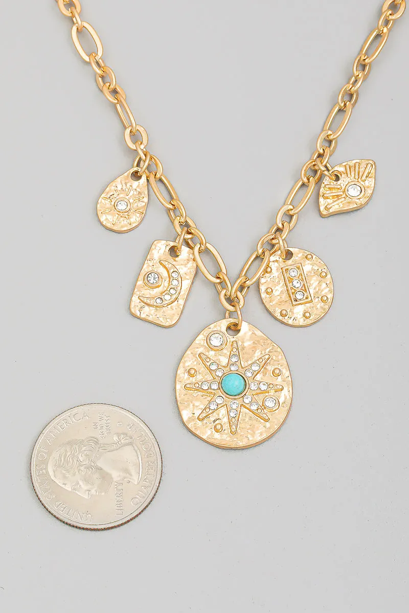 Hammered Star Moon Disc Charm Necklace