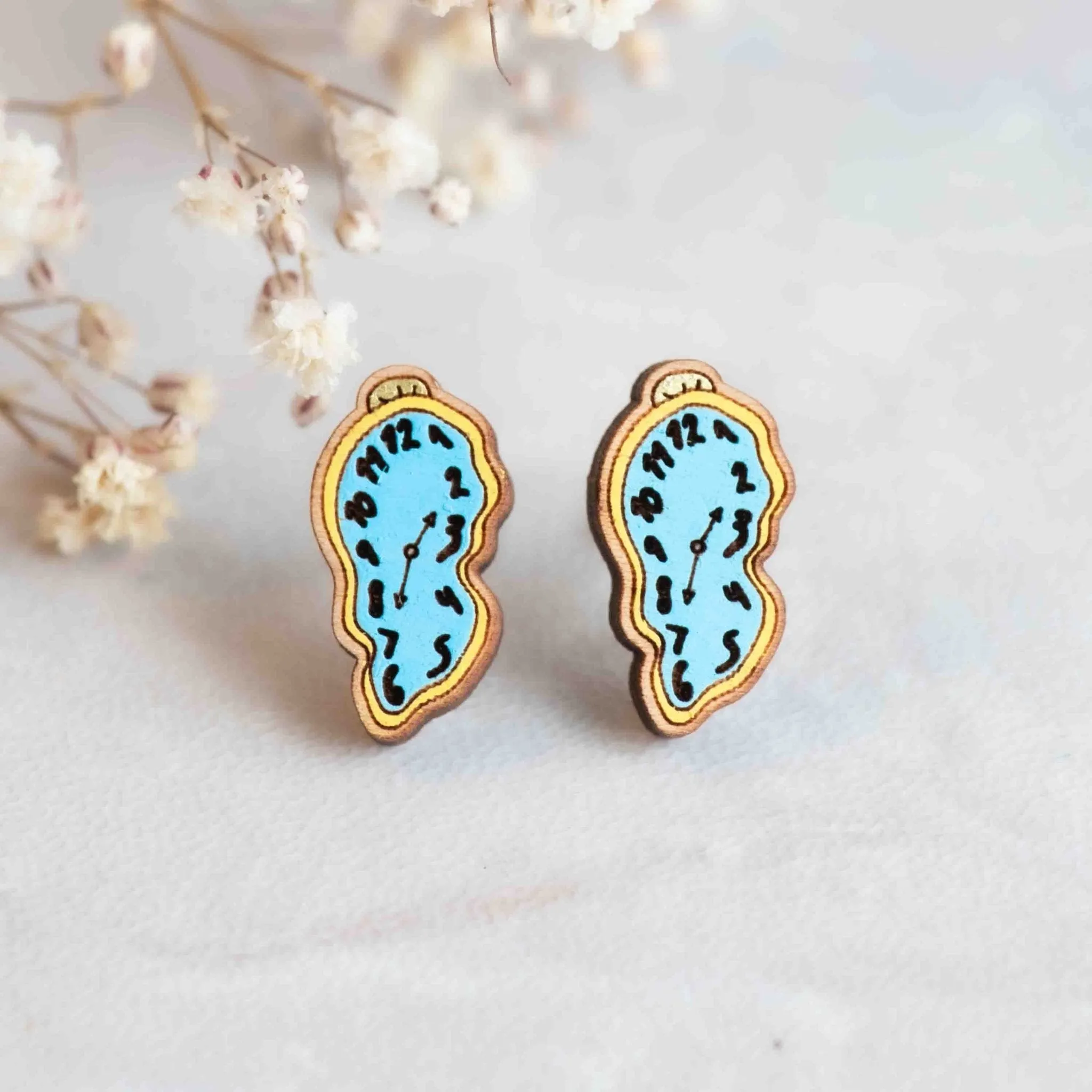 Hand-Painted  Melting Clock Stud Earrings Inspired by Salvador Dali -PET15112