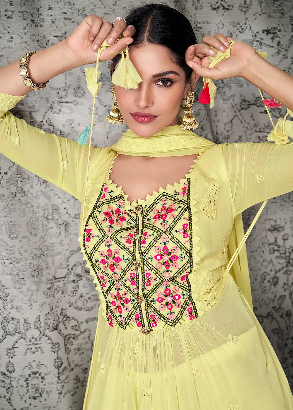 Inventive Yellow Georgette Wedding & Festival Palazzo Suit