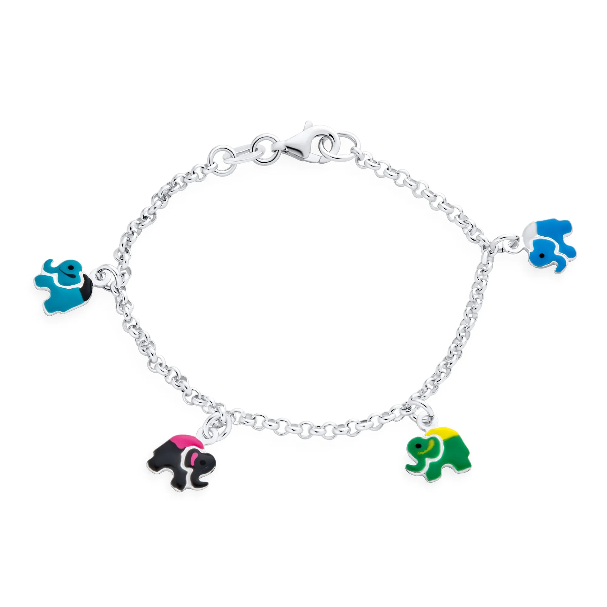 Kids Multi Color Good Luck Elephant Charm Bracelet 925 Sterling Silver