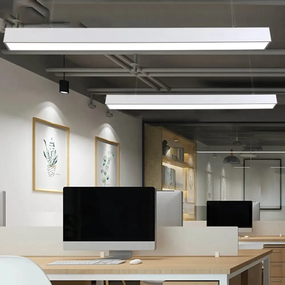 Linear LED Pendant Light: Sleek Aluminum Fixture for Modern Office Ceilings.