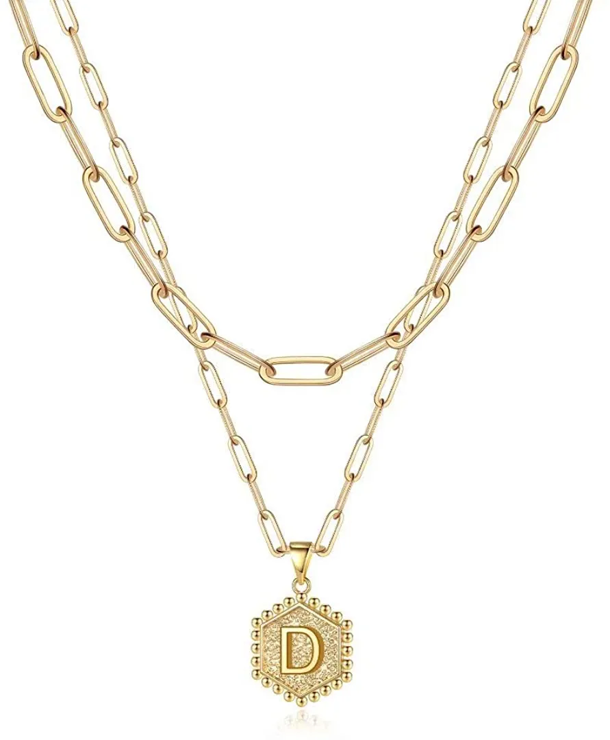 M MOOHAM Dainty Layered Initial Necklaces for Women, 14K Gold Plated Paperclip Chain Necklace Simple Cute Hexagon Letter Pendant Initial Choker Necklace Gold Layered Necklaces for Women