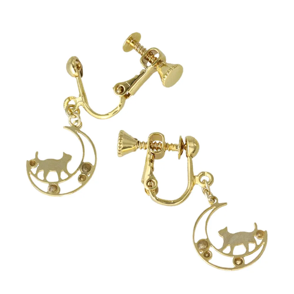 Moon and Cat Clip On Earrings