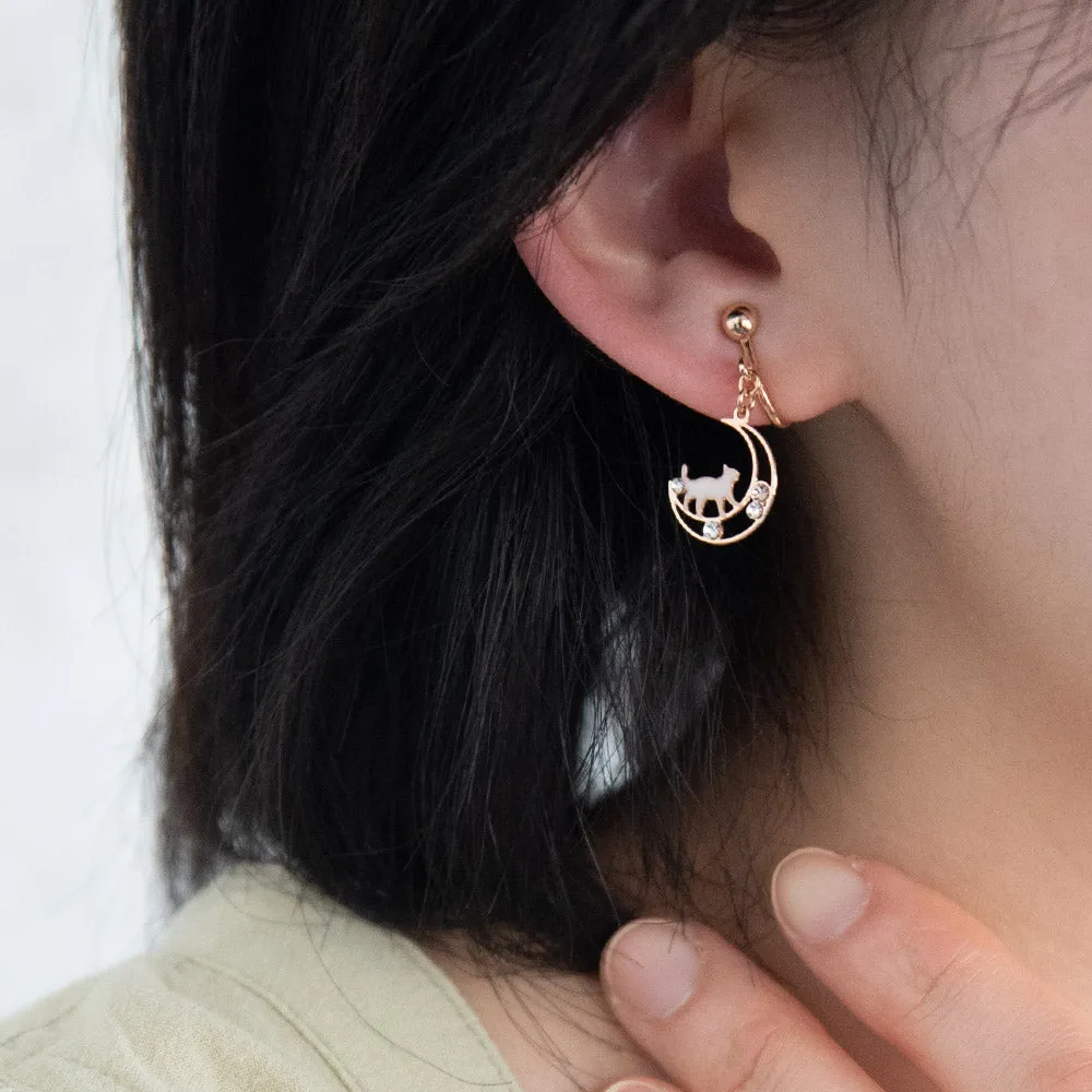 Moon and Cat Clip On Earrings