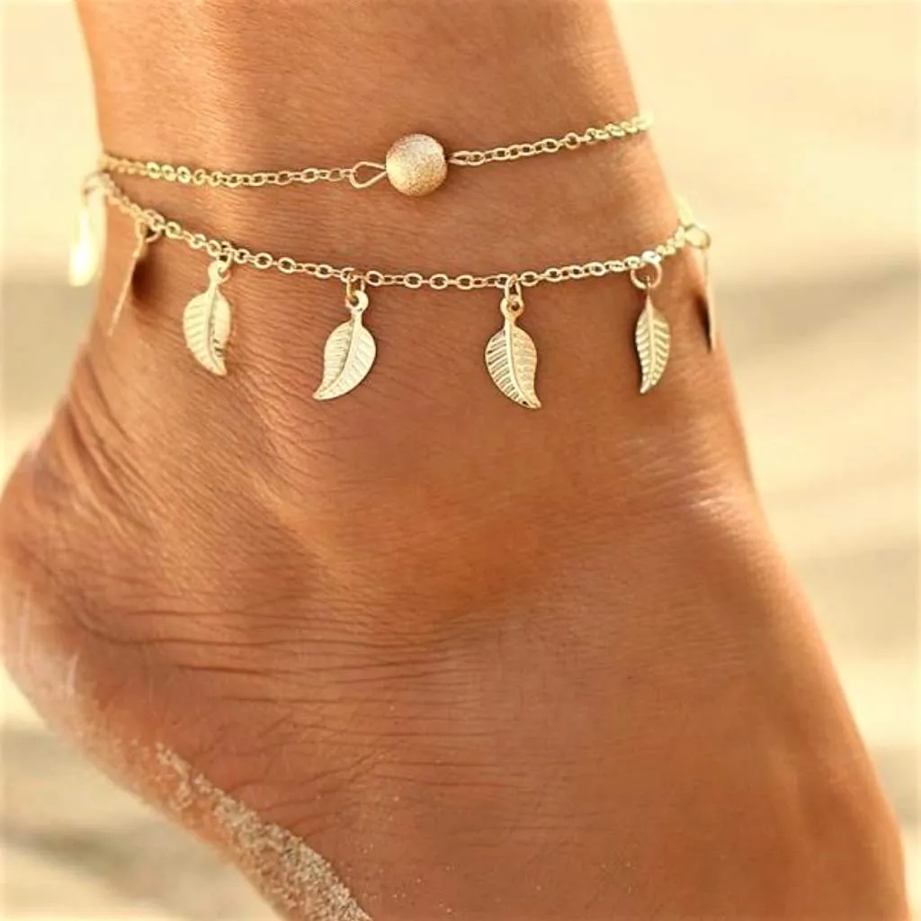 Multi Leaf Chain Anklet in Silver or Gold