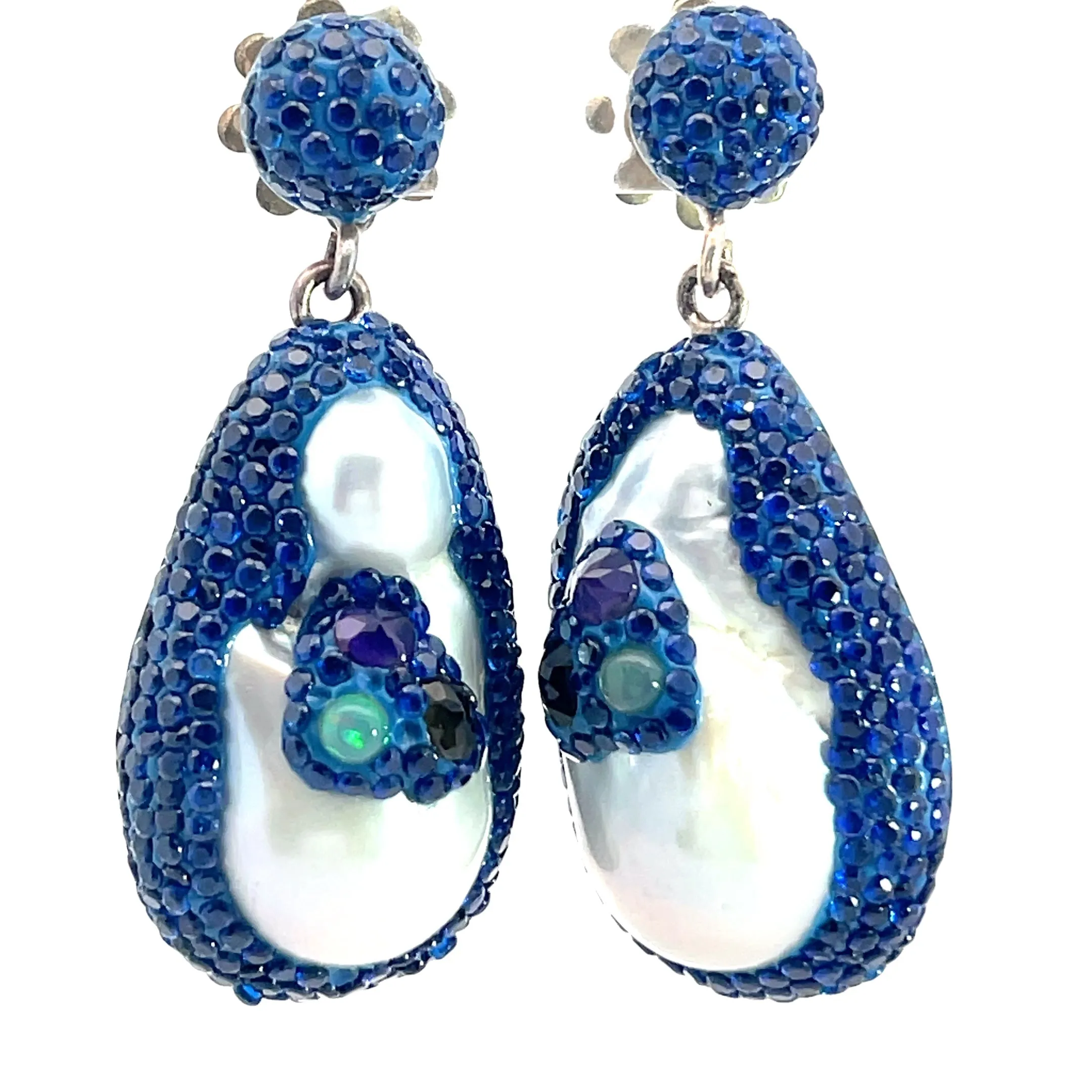 Navy Blue Crystal Pearl Drop Sterling Silver Earrings