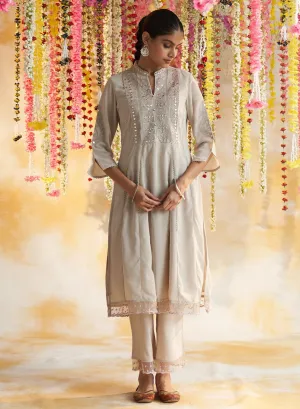 Pink-Beige Kurta Set With Chain Stitch Embroidery