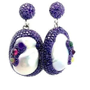 Purple Crystal Pearl Drop Sterling Silver Earrings