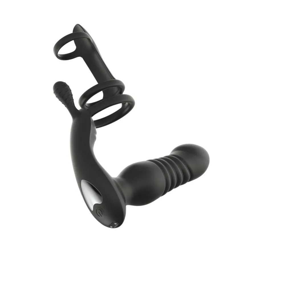 Remote Control Thrusting Dildo Prostate Massager - Triple Cock Rings Anal Plug Sex Toys for Men