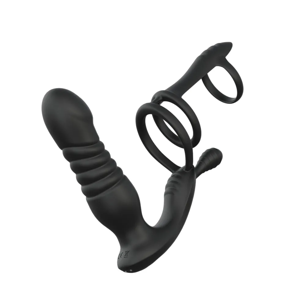 Remote Control Thrusting Dildo Prostate Massager - Triple Cock Rings Anal Plug Sex Toys for Men