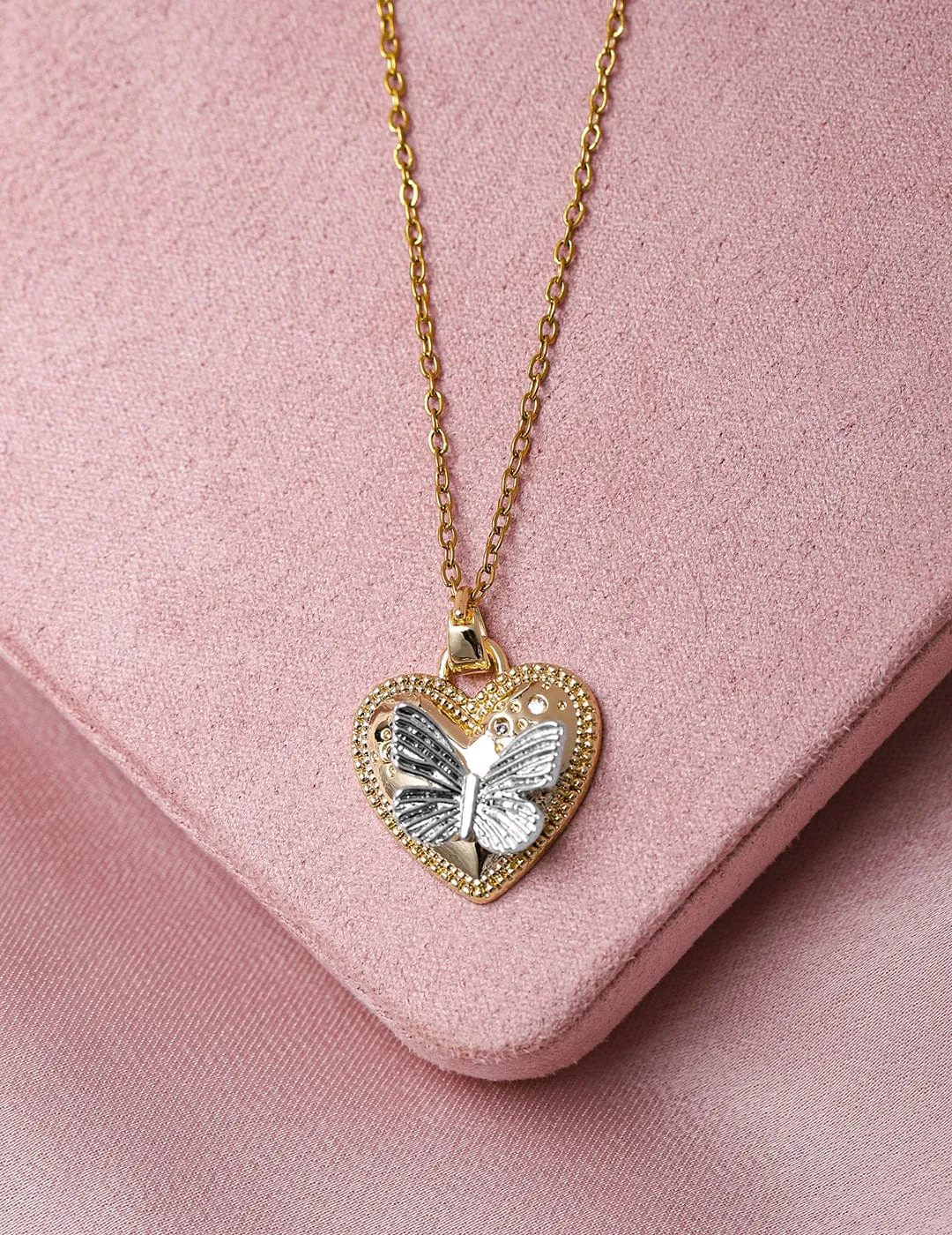 Rubans 18K Gold Plated Stainless Steel Tarnish-Free Waterproof Butterfly Heart Pendant Necklace