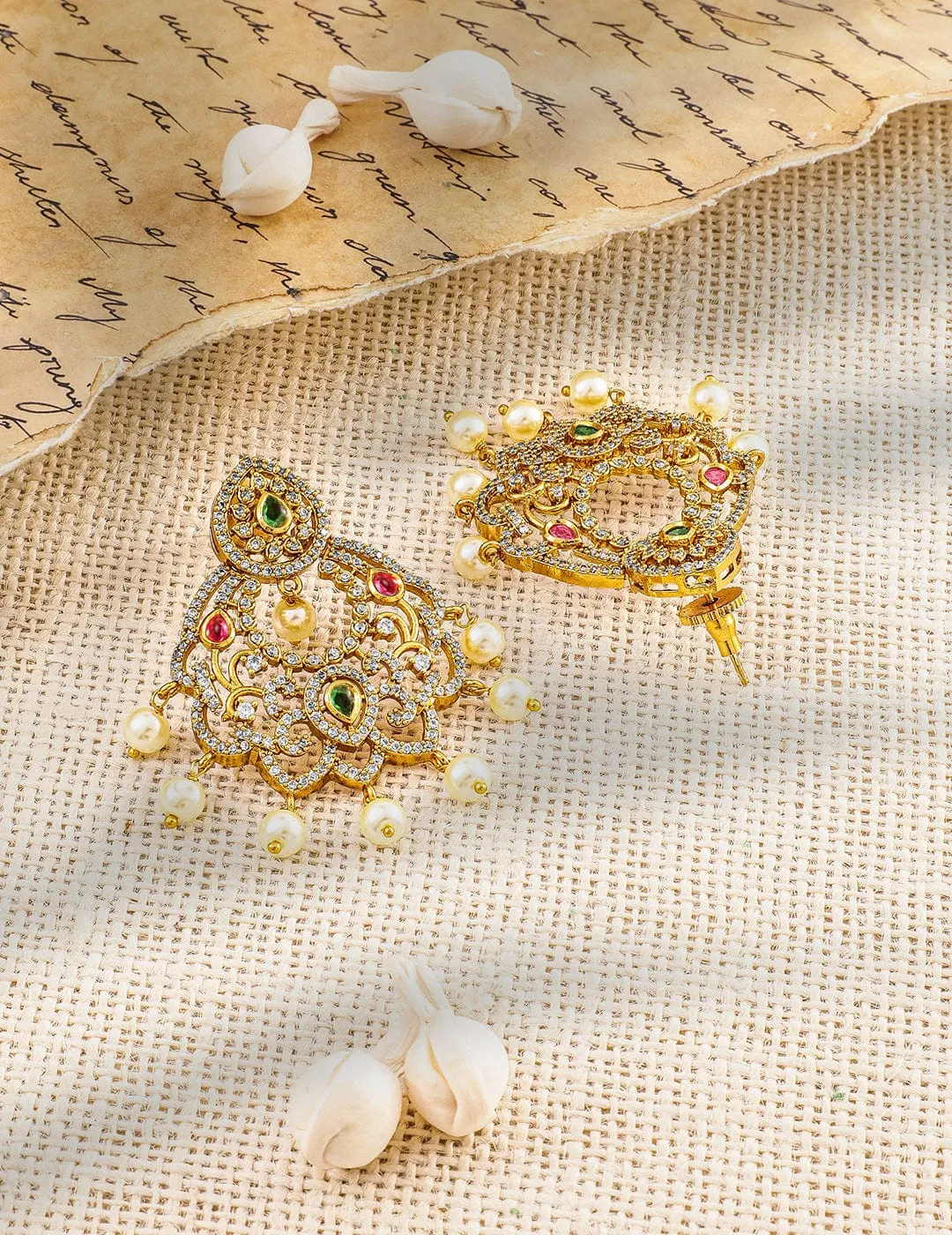 Rubans 22K Gold-Plated Ruby Pink, Emerald & Cubic Zirconia Studded Pearl Chandbali Earring