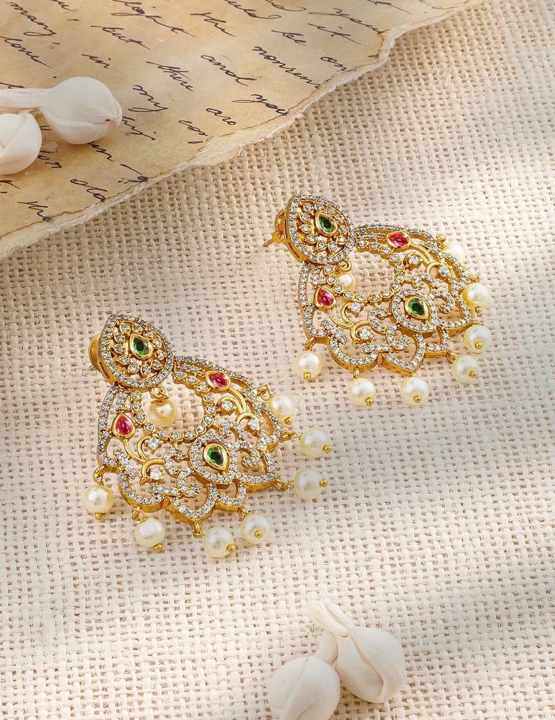 Rubans 22K Gold-Plated Ruby Pink, Emerald & Cubic Zirconia Studded Pearl Chandbali Earring