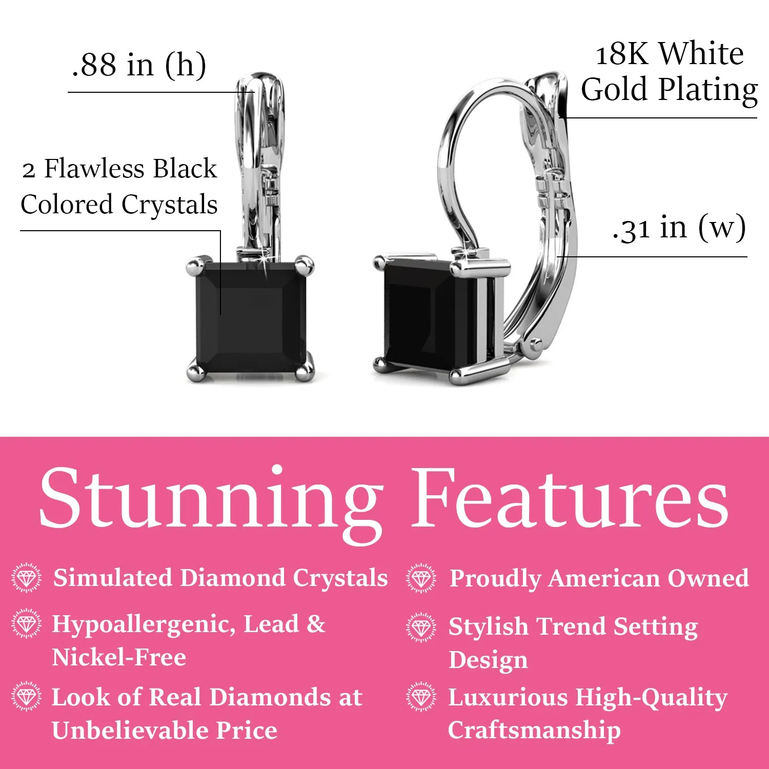 Samantha 18k White Gold Plated Drop Earrings with Black Swarovski Crystal