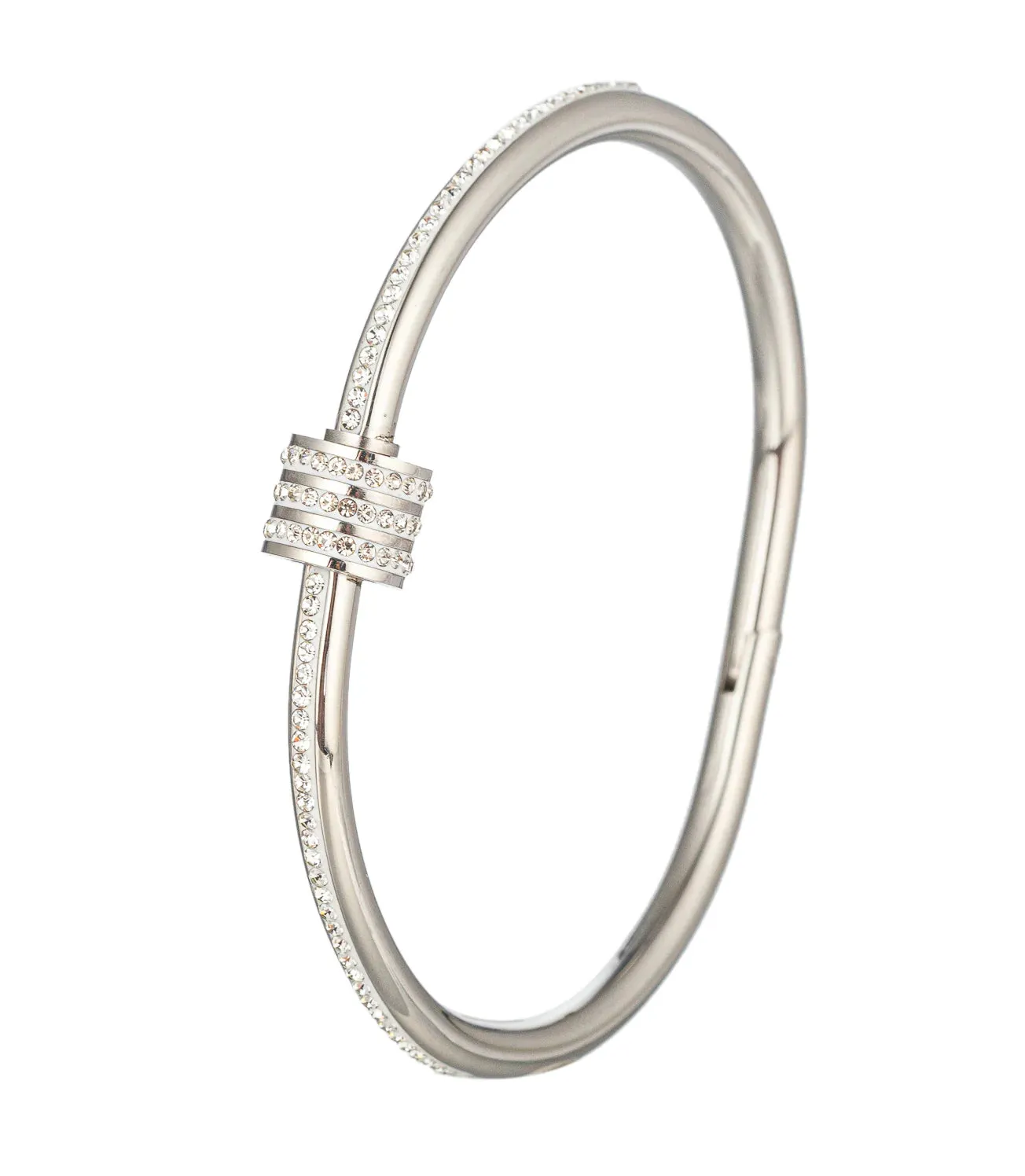 Screw Lock Single Row Paved ZC Bangle Bracelet Stainless Steel, 17cm