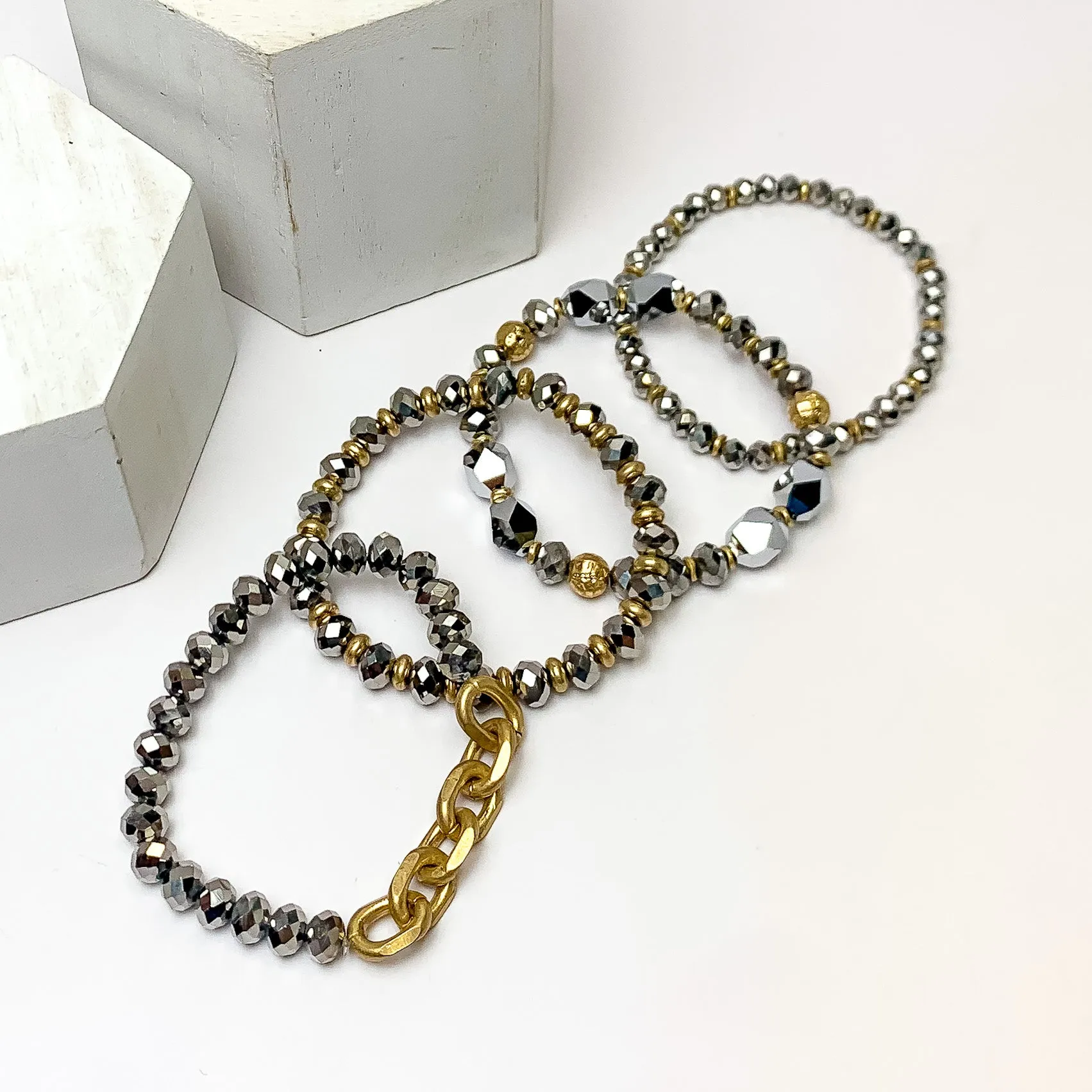 Set of Four | Upper East Gold Tone Beaded Bracelet Set in Silver Tone