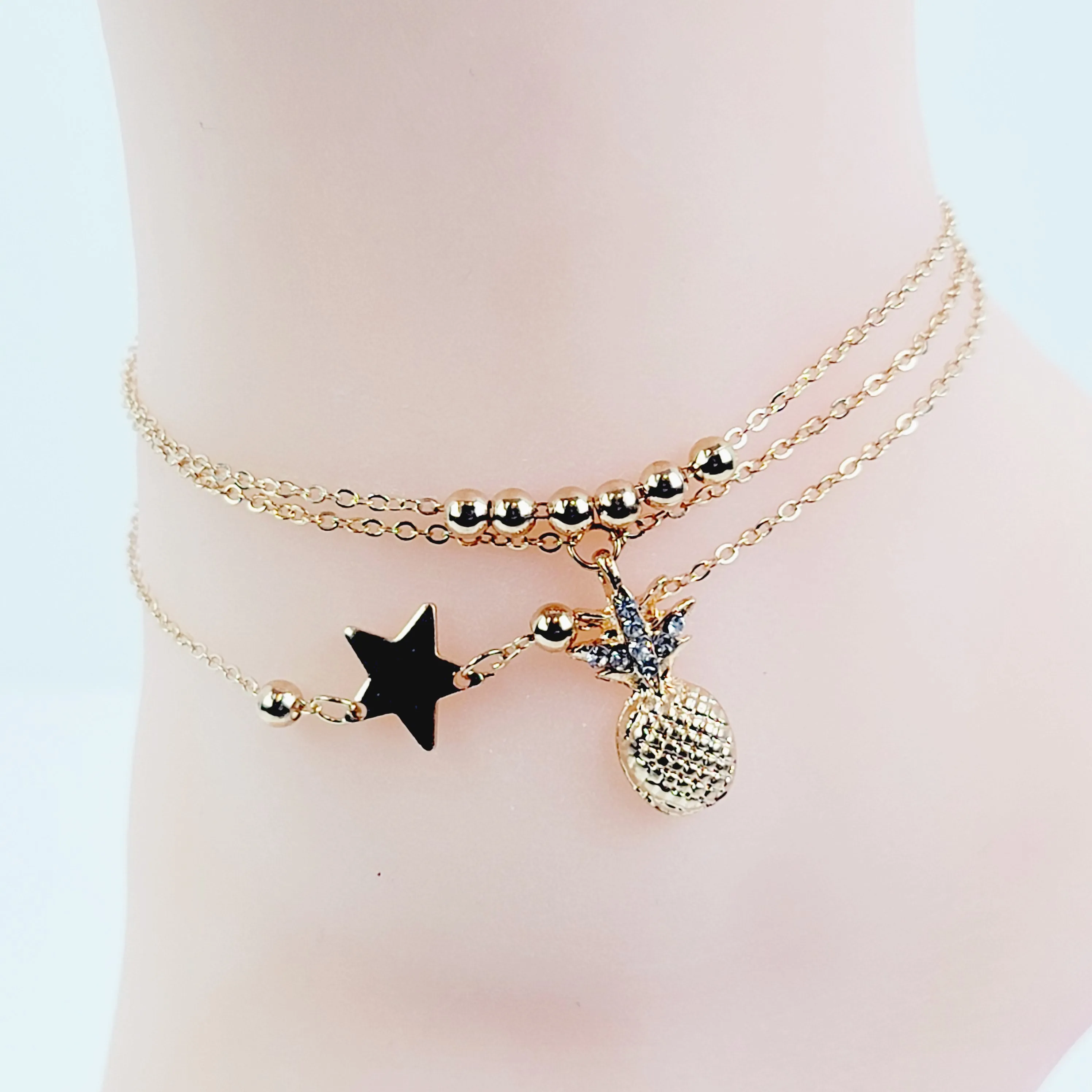 Sexy Silver or Gold Multi Chained Star and Pineapple Anklet