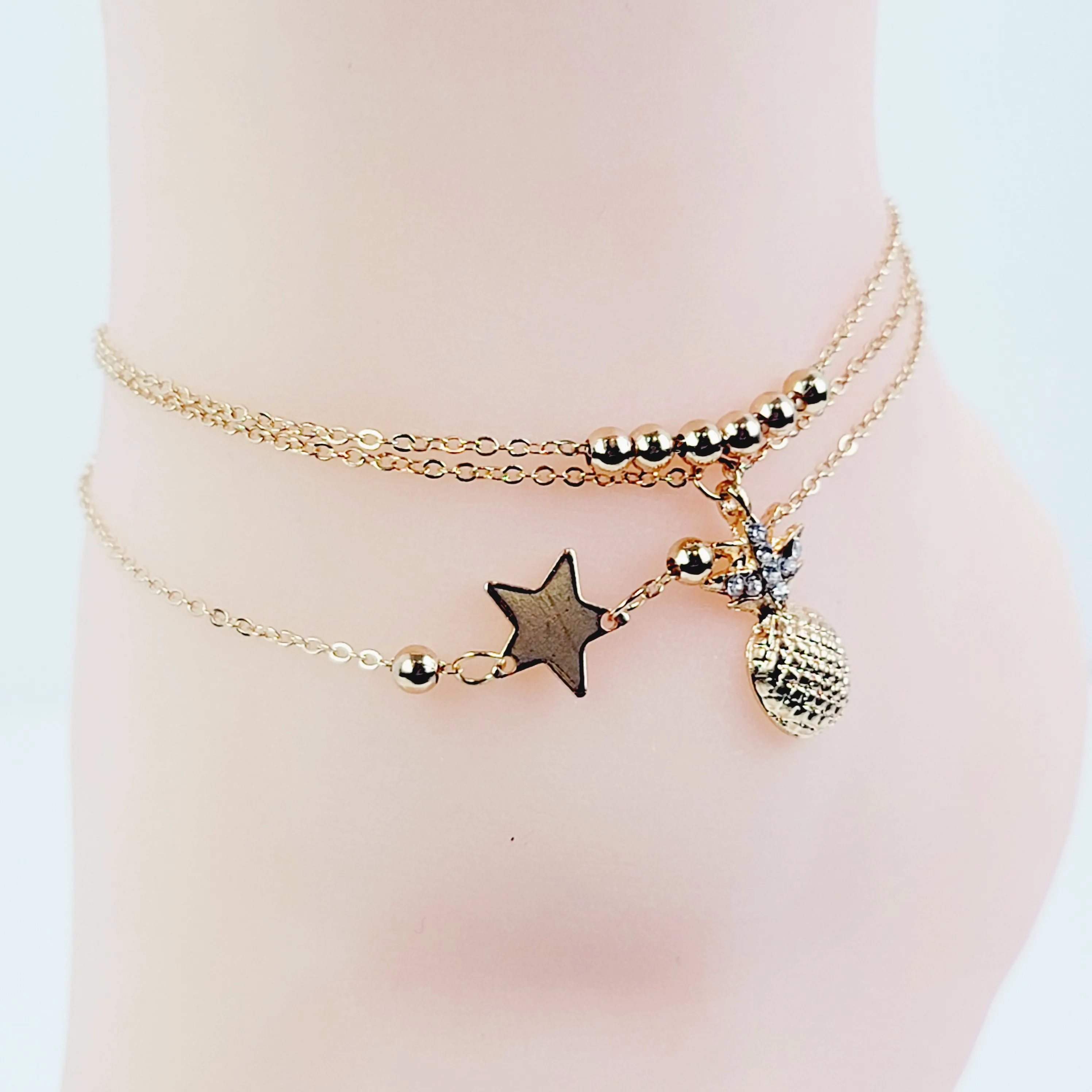 Sexy Silver or Gold Multi Chained Star and Pineapple Anklet