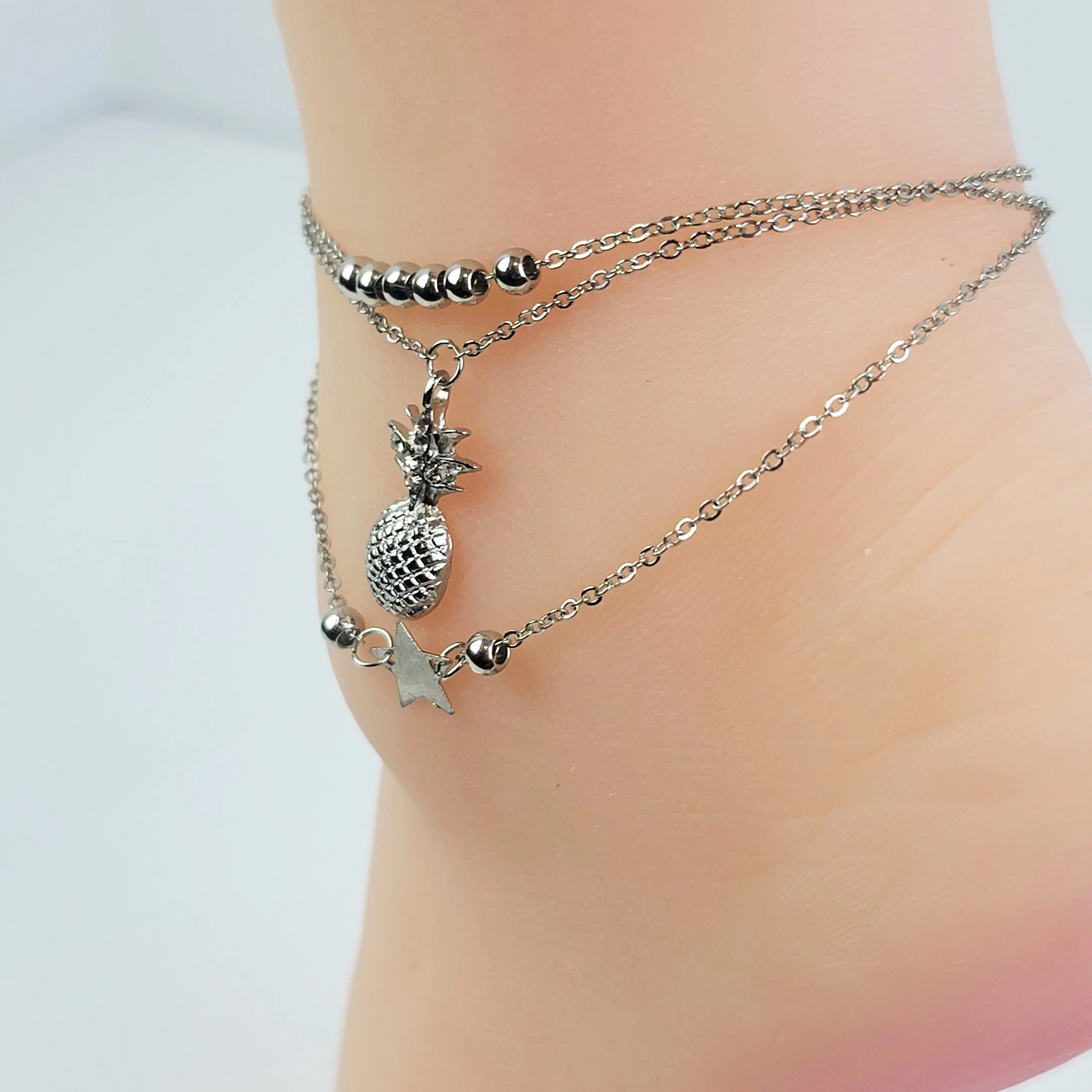 Sexy Silver or Gold Multi Chained Star and Pineapple Anklet